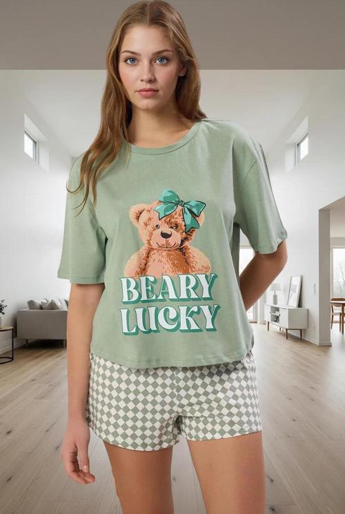 Kadın Ayıcıklı Pamuklu Pijama Takımı Rahat Kesim Kısa Kol Kullanım Günlük İçin