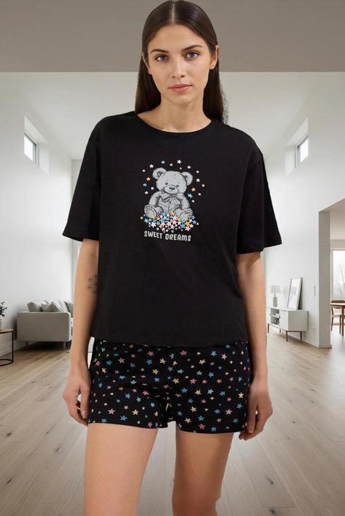 Kadın Yazlık Pamuklu Pijama Takımı Ayıcık Baskı Rahat Kalıp Günlük Kullanım İçin Profesyonel Görünüm