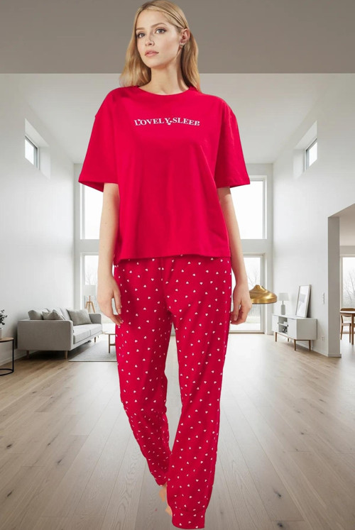 Kadın Pamuklu Kalpli Pijama Takımı Rahat Ev Giyim Seti Şık Görünüm Seçkin Malzeme
