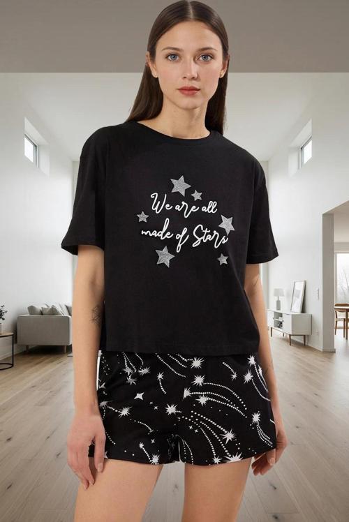 Kadın Kısa Kollu Bisiklet Yaka Pamuklu Pijama Takımı Şık Görünüm Mükemmel Uyum Modern Stil