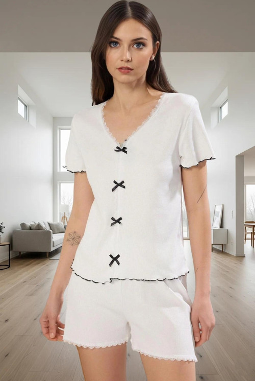 Kadın Pamuklu Örme Pijama Takımı V Yaka Kısa Kol Dantel Detay Yüksek Kalite Özel Tasarım