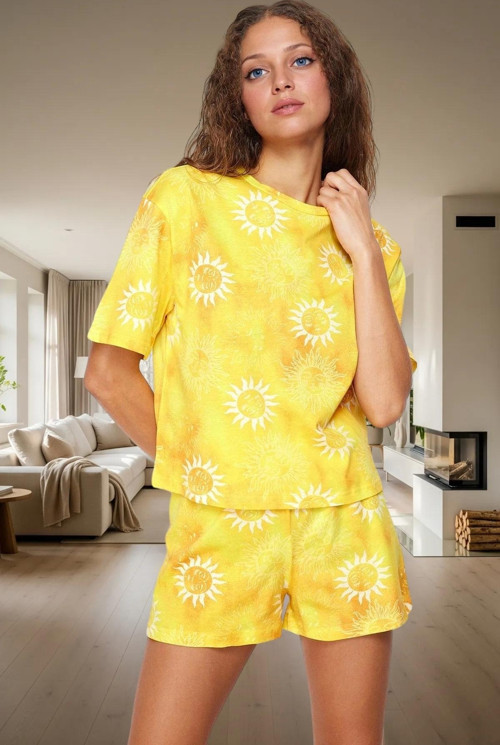 Kadın Yazlık %100 Pamuklu Güneş Desenli Kısa Kol Pijama Takımı Mükemmel Uyum Profesyonel Görünüm