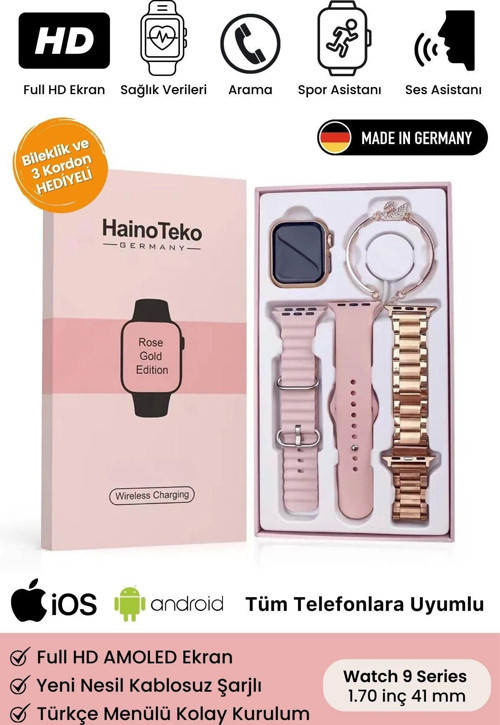 Yeni Nesil 3 Kordonlu Kadın Akıllı Saat Spor Ve Sağlık Sensörlü Watch 9 Series Tasarım Saat Pembe