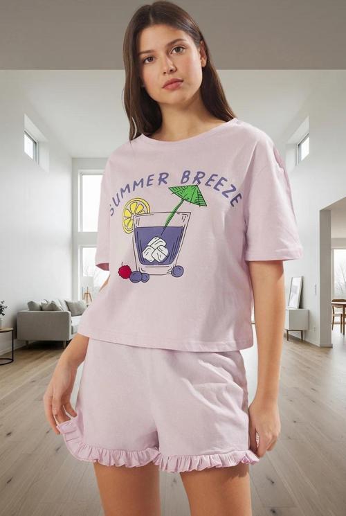 Kadın Yazlık %100 Pamuklu Fırfırlı Pijama Takımı Rahat Ve Şık Profesyonel Görünüm Kullanım