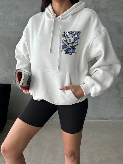 3 İplik Şardonlu Oversize Compact Kafa Baskılı Sweat Beyaz
