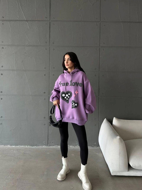 3 İplik Şardonlu Oversize Compact True Baskılı Sweat Mor