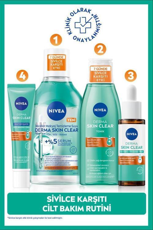 Derma Skin Clear Sivilce Karşıtı Serum 30ml, Makyaj Temizleme Suyu 400ml, Tonik 200ml ve Gece Kremi