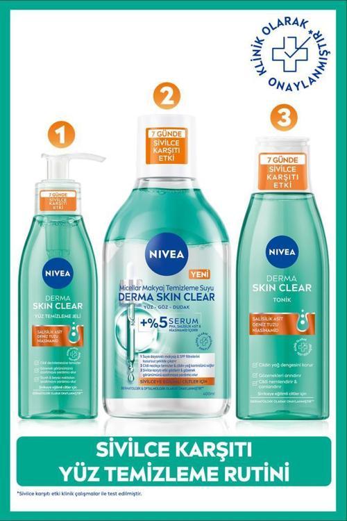 Derma Skin Clear Sivilce Karşıtı Yüz Temizleme Jeli 150ml, Makyaj Temizleme Suyu 400ml ve Tonik200ml