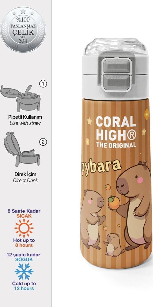 Kids Kapibara Desenli Pipetli ve Direkt İçim Çelik Termos 500 ml 31790