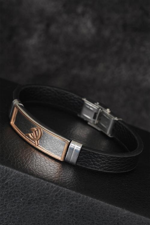 Rose Renk Orak Figürlü Metal Aksesuarlı Siyah Renk Deri Erkek Bileklik - EBJ250711W36600