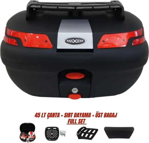 Motosiklet Arka Çanta 45 Litre Sırt Dayama ve Üst Tabla Full Set Siyah