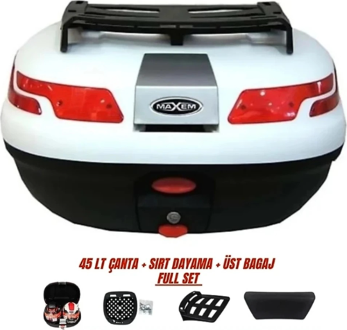 Motosiklet Arka Çanta 45 Litre Sırt Dayama ve Üst Tabla Full Set Beyaz