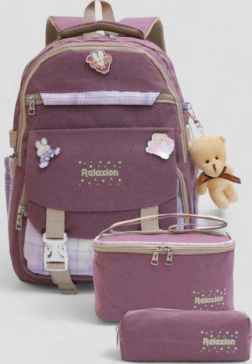 1396 Kore Tarzı Unisex Çocuk Üçlü Set İlkokul Sırt Çantası - NKT02206-MOR-TEKEBAT