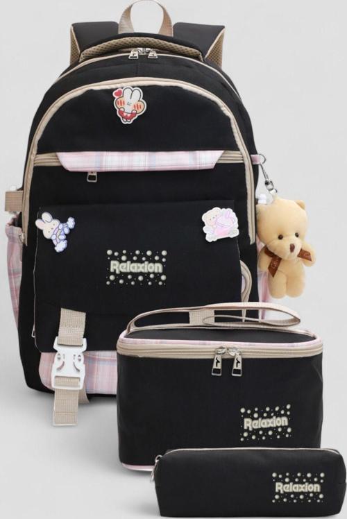 1396 Kore Tarzı Unisex Çocuk Üçlü Set İlkokul Sırt Çantası - NKT02206-siyah-pembe-TEKEBAT