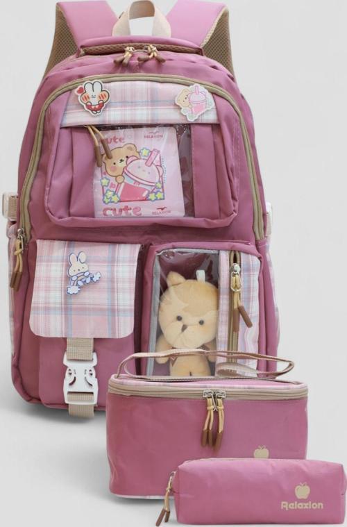 1395 Kore Tarzı Unisex Çocuk Üçlü Set İlkokul Sırt Çantası - NKT02207-Gülkurusu-TEKEBAT