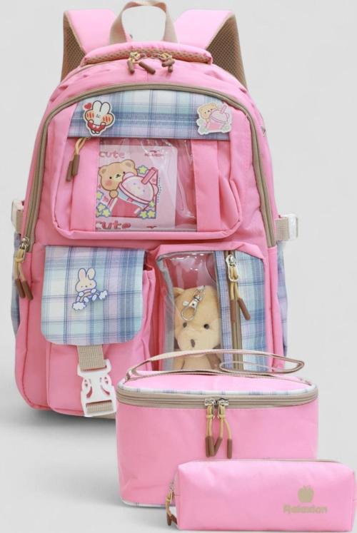 1395 Kore Tarzı Unisex Çocuk Üçlü Set İlkokul Sırt Çantası - NKT02207-PEMBE-TEKEBAT