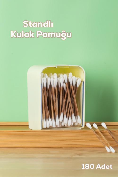 3135 Doğal Ahşap Bambu Saplı Standlı Kulak Temizleme Çubuğu Seti- 180 Adet