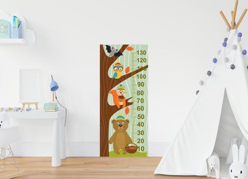 Çocuk Odası Bebek Odası Boy Ölçer Boy Cetveli Sticker Ağaçta Hayvanlar