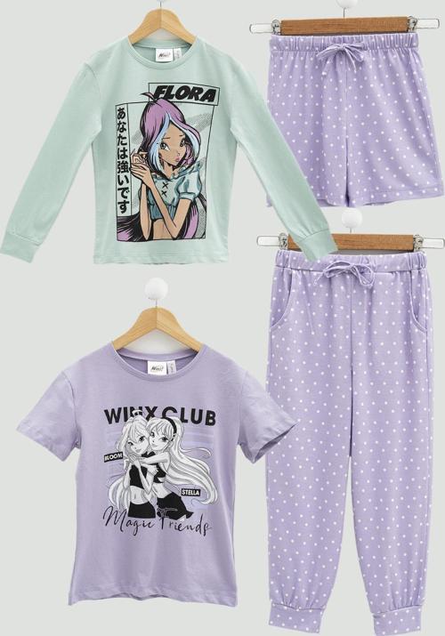4'lü Winx Baskılı Tshirt Şort Pantolon Lila Takım 