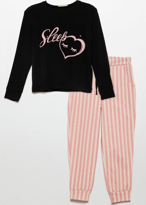 Sleep Kalp Baskılı Doğal Viskon Siyah Pijama Takımı