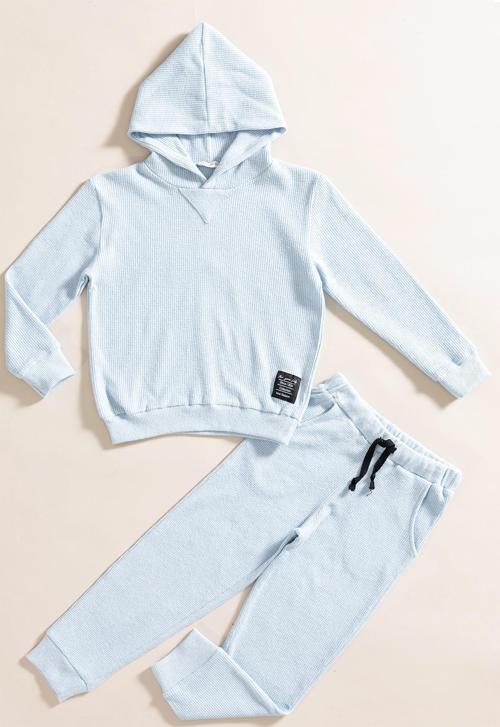 2'li Kapişonlu Mavi Waffle Sweat Jogger Alt Üst Takım