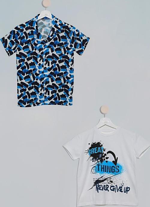 2'li Fırça Baskılı Gömlek Tshirt Saks Takım