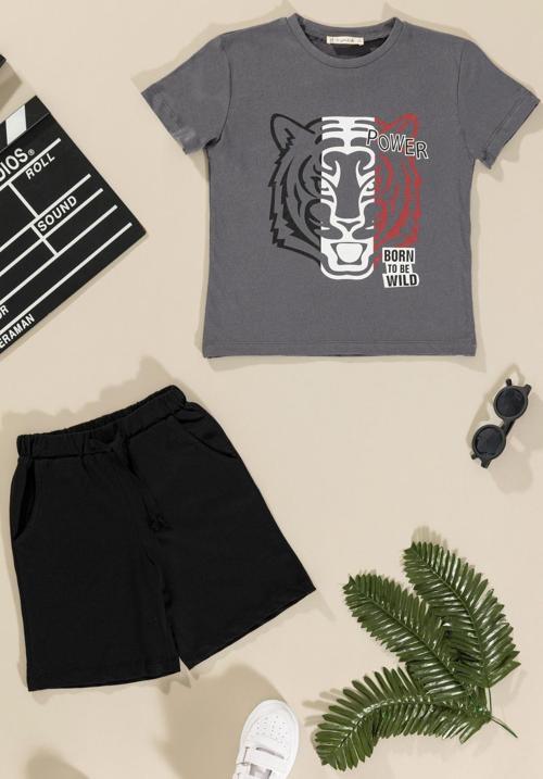 Kaplan Baskılı Tshirt Şort Antrasit Takım