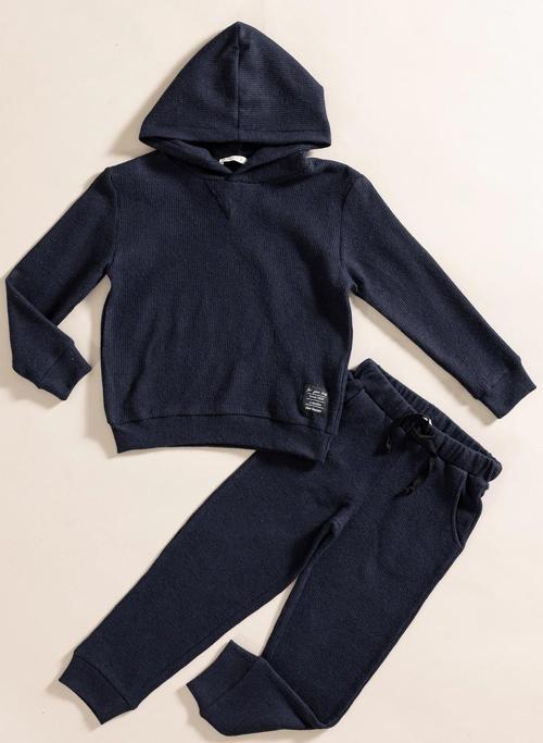 2'li Kapişonlu Lacivert Waffle Sweat Jogger Alt Üst Takım
