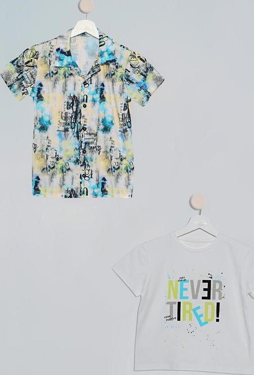 2!li Sarı Mavi Baskılı Gömlek Tshirt Takım