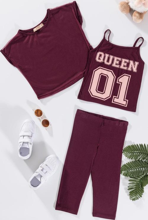 3'lü Queen Baskılı Tshirt Atlet Tayt Bordo Takım