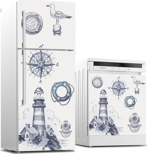 Buzdolabı ve Bulaşık Makinası Beyaz Eşya Sticker Kaplama Deniz Feneri Pusula
