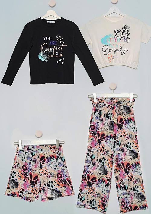 4'lü Batik Desen Çicek Tshirt Pantolon Şort Siyah Takım