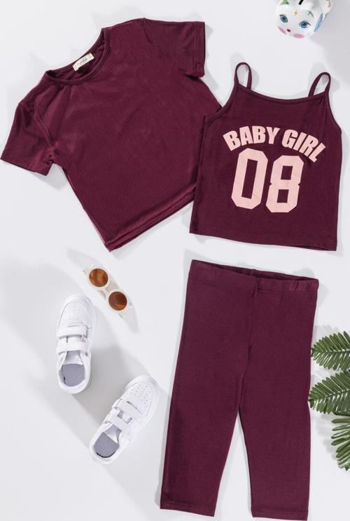 3'lü Baby Girl Baskılı Tshirt Atlet Tayt Bordo Takım