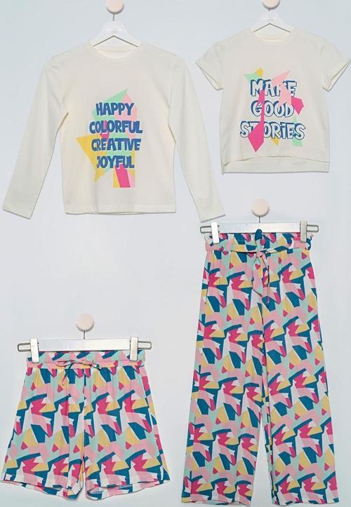 4'lü Tshirt Bluz Pantolon Şort Sarı Takım
