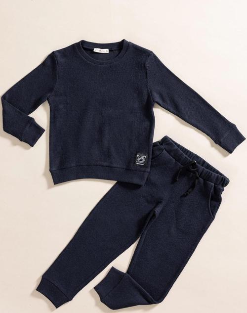 2'li Pamuk Waffle Sweat Jogger Lacivert Alt Üst Takım 
