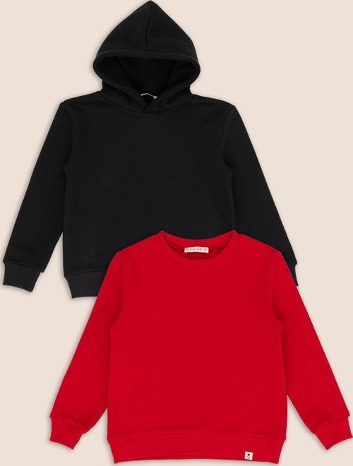 2'li Siyah Kapişonlu Kırmızı Bisiklet Yaka Erkek Çocuk Sweatshirt
