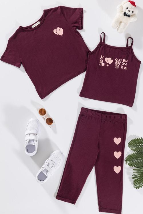 3'lü Love Baskılı Tshirt Atlet Tayt Bordo Takım