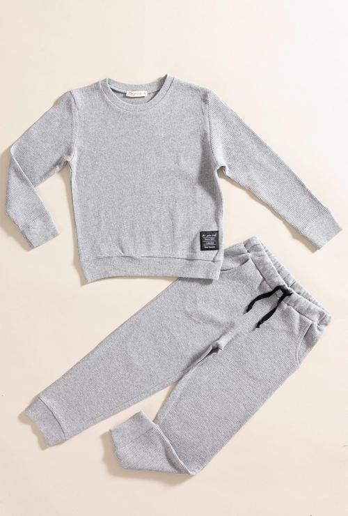 2'li Pamuk Waffle Sweat Jogger Koyu Gri Alt Üst Takım 