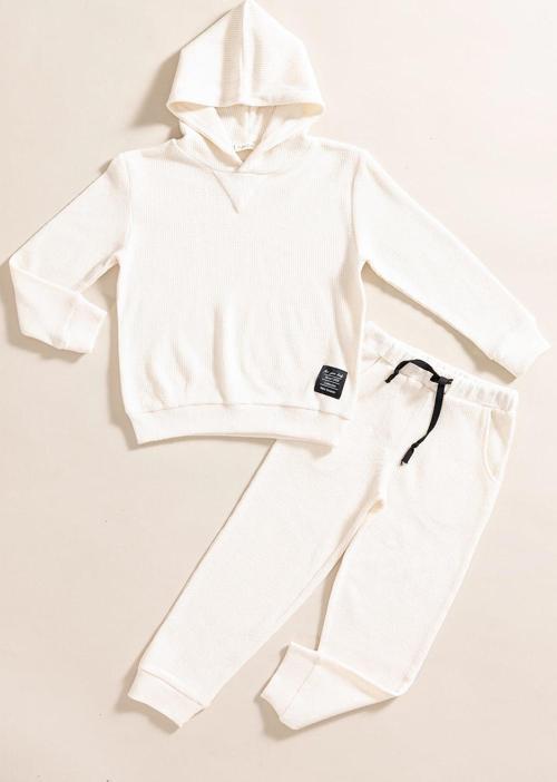 2'li Kapişonlu Ekru Waffle Sweat Jogger Alt Üst Takım