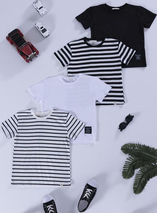 4'lü  Etiket Detaylı Cizgili Siyah Beyaz Tshirt