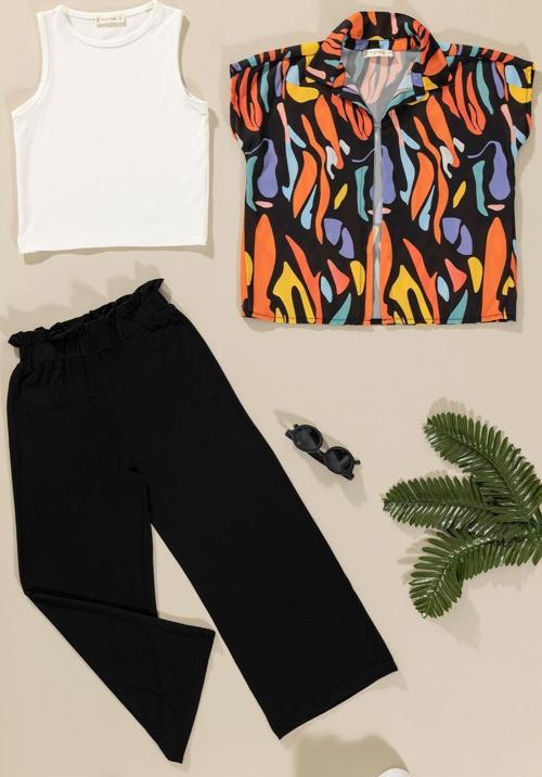 3'lü Baskılı Gömlek Tshirt Pantolon Siyah Takım