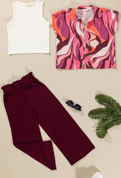 3'lü Desenli Gömlek Tshirt Pantolon Bordo Takım