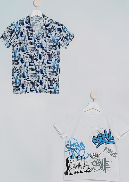 2'li Asimetrik Baskılı Gömlek Tshirt Saks Takım