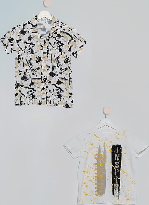 2'li Siyah Kahve Baskılı Gömlek Tshirt Takım
