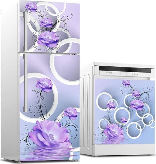 Buzdolabı ve Bulaşık Makinası Beyaz Eşya Sticker Kaplama Mor Çiçekler