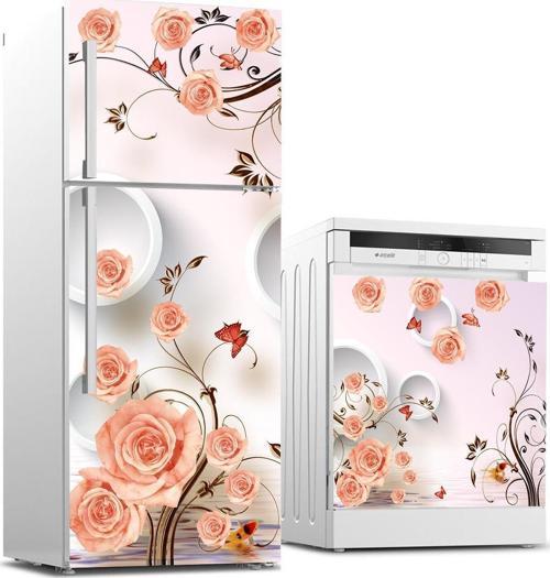 Buzdolabı ve Bulaşık Makinası Beyaz Eşya Sticker Kaplama Pembe Çiçek