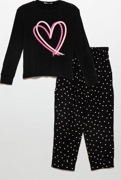 Kalp Baskılı Doğal Viskon Siyah Pijama Takımı