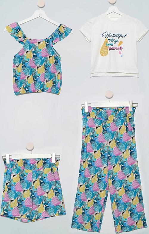 4'lü Bluz Tshirt Pantolon Şort Sarı Takım