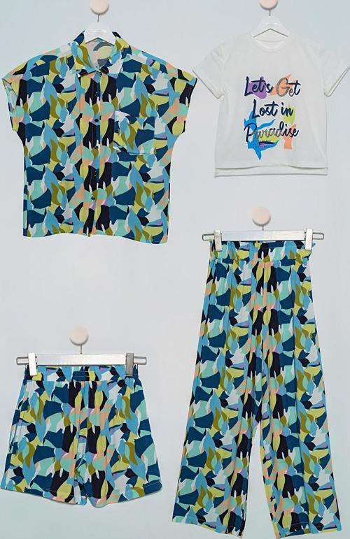 4'lü Desenli Gömlek Tshirt Pantolon Şort Lacivert Takım