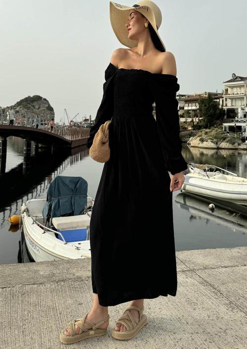 Omuz Lastikli Gipeli Uzun Kol Siyah Elbise